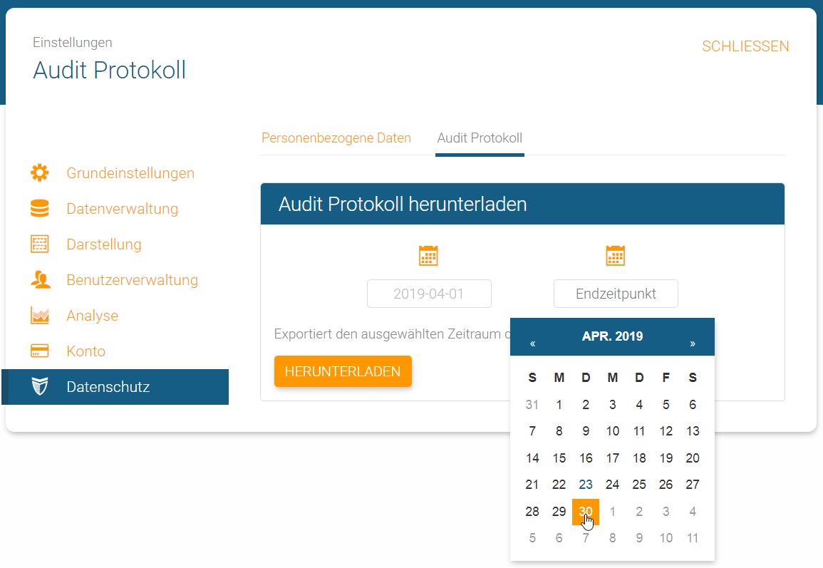 Audit Protokoll Start- und Endpunkt in orginio festlegen